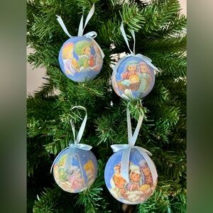 4 Vintage Sugar Frosted Nativity Christmas Ornaments//Blue Ribbon hanger Jesus